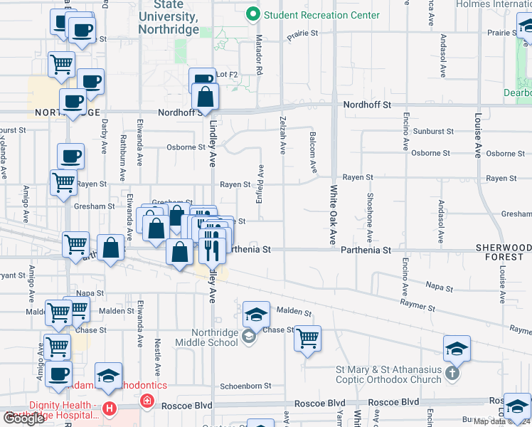map of restaurants, bars, coffee shops, grocery stores, and more near 8806 Enfield Avenue in Los Angeles