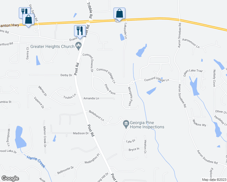 map of restaurants, bars, coffee shops, grocery stores, and more near 5150 Pinto Pass in Cumming