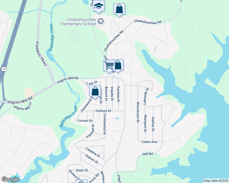 map of restaurants, bars, coffee shops, grocery stores, and more near 2515 Impala Drive in Cumming