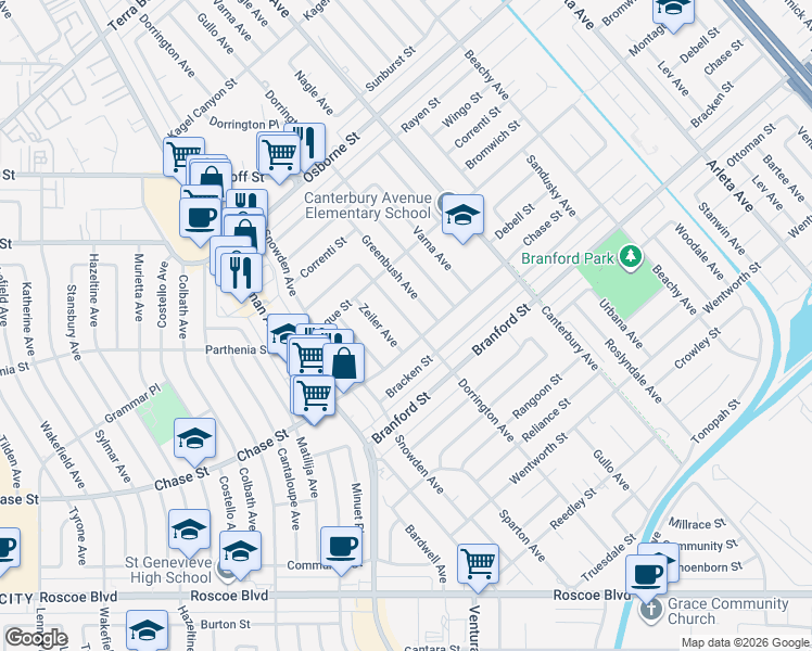 map of restaurants, bars, coffee shops, grocery stores, and more near 8851 Dorrington Avenue in Los Angeles