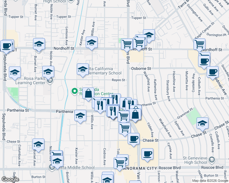 map of restaurants, bars, coffee shops, grocery stores, and more near 8801 Tobias Avenue in Los Angeles