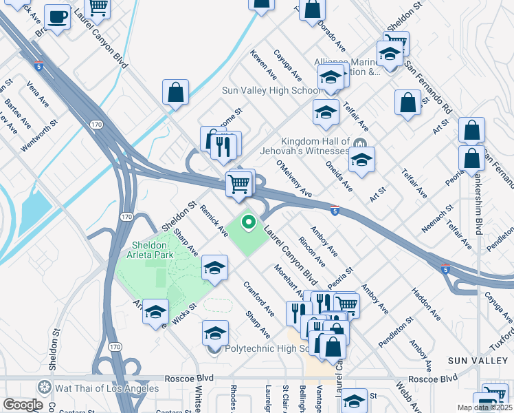 map of restaurants, bars, coffee shops, grocery stores, and more near 8866 Laurel Canyon Blvd in Los Angeles