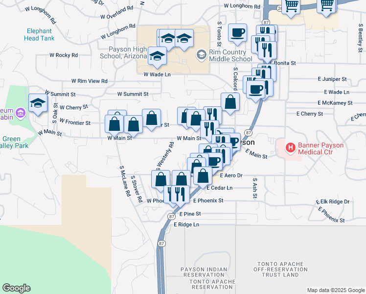 map of restaurants, bars, coffee shops, grocery stores, and more near 807 South Westerly Road in Payson