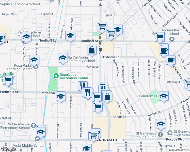 map of restaurants, bars, coffee shops, grocery stores, and more near 8803 Van Nuys Boulevard in Los Angeles