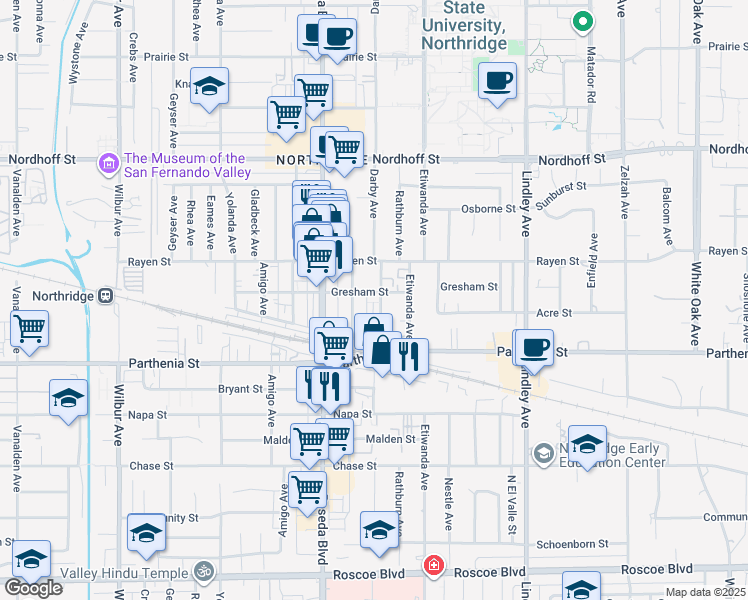 map of restaurants, bars, coffee shops, grocery stores, and more near 8746 Canby Avenue in Los Angeles