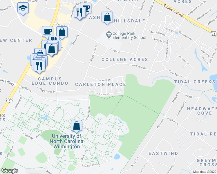 map of restaurants, bars, coffee shops, grocery stores, and more near Christian Drive in Wilmington