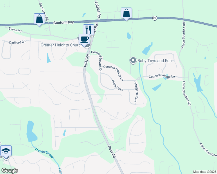 map of restaurants, bars, coffee shops, grocery stores, and more near 5235 Concord Downs Drive in Cumming