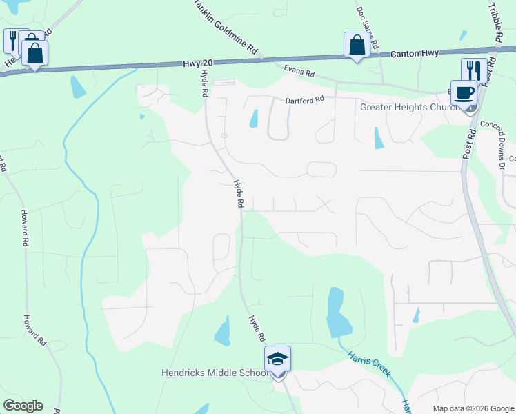 map of restaurants, bars, coffee shops, grocery stores, and more near 4720 Saint Simons Lane in Cumming