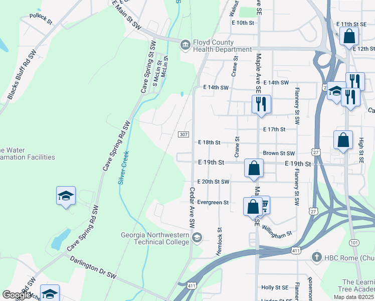 map of restaurants, bars, coffee shops, grocery stores, and more near 428 Cedar Avenue Southwest in Rome