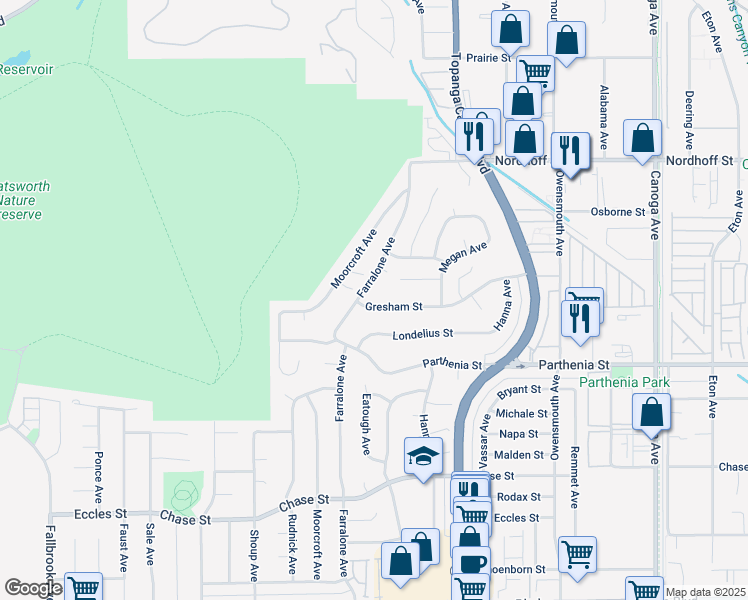 map of restaurants, bars, coffee shops, grocery stores, and more near 22137 Gresham Street in Los Angeles