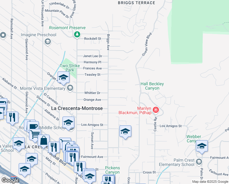 map of restaurants, bars, coffee shops, grocery stores, and more near 2352 Caracas Street in La Crescenta-Montrose