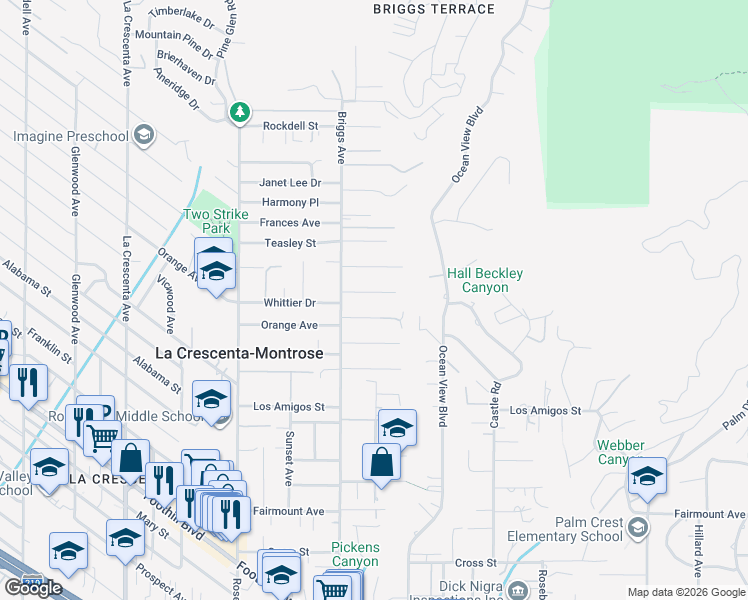 map of restaurants, bars, coffee shops, grocery stores, and more near 2340 Caracas Street in La Crescenta-Montrose
