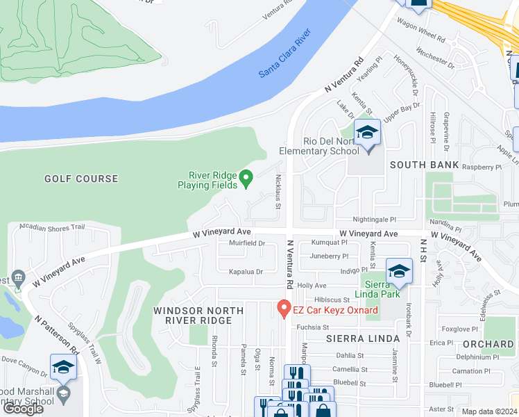 map of restaurants, bars, coffee shops, grocery stores, and more near 1620 Range Road in Oxnard