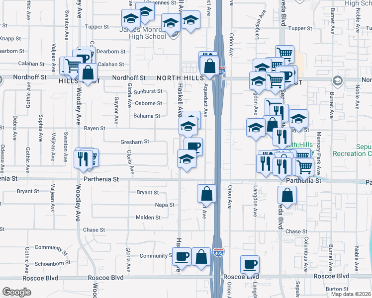 map of restaurants, bars, coffee shops, grocery stores, and more near 8814 Haskell Avenue in Los Angeles