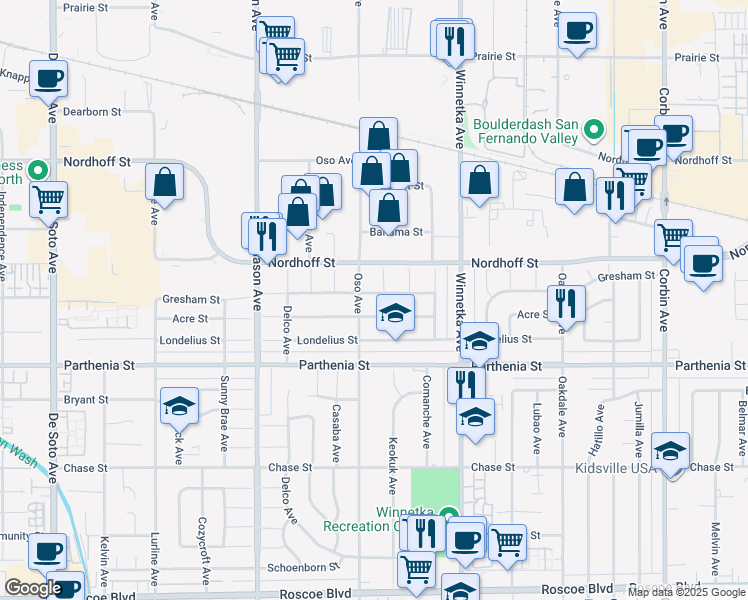 map of restaurants, bars, coffee shops, grocery stores, and more near 20242 Gresham Street in Los Angeles