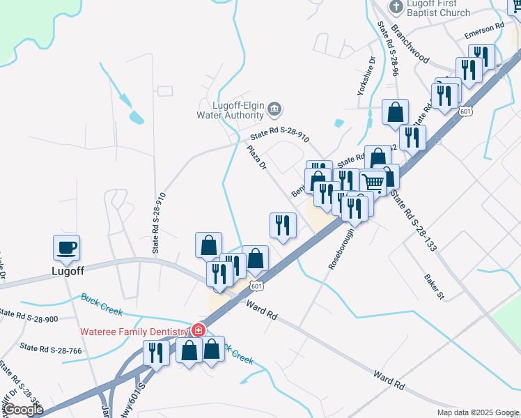 map of restaurants, bars, coffee shops, grocery stores, and more near 39 Plaza Drive in Lugoff