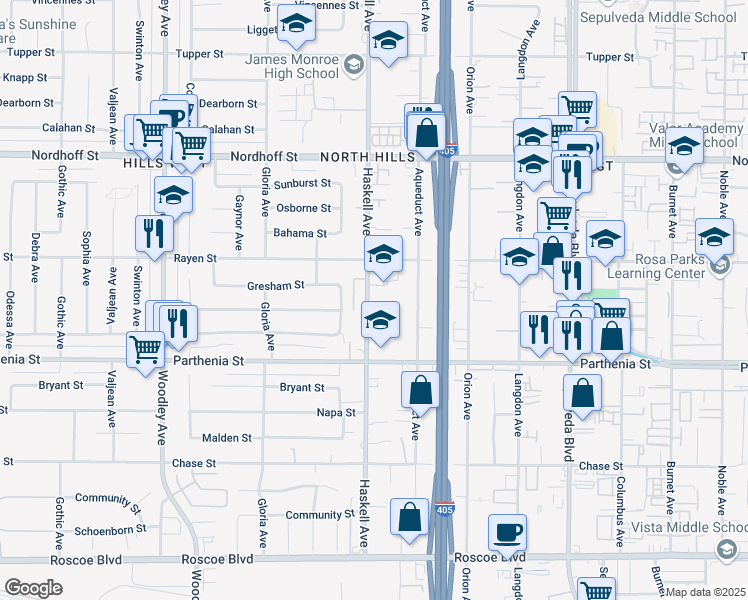 map of restaurants, bars, coffee shops, grocery stores, and more near 8814 Haskell Avenue in Los Angeles