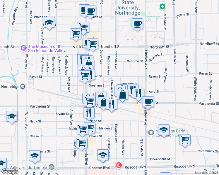 map of restaurants, bars, coffee shops, grocery stores, and more near 18308 Gresham Street in Los Angeles