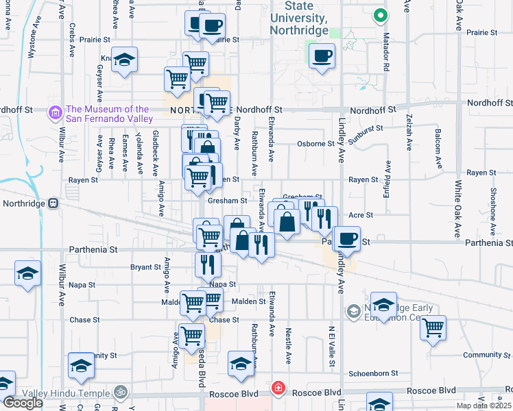 map of restaurants, bars, coffee shops, grocery stores, and more near 18308 Gresham Street in Los Angeles