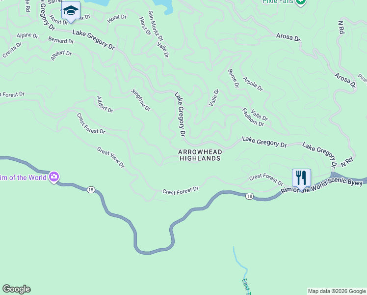 map of restaurants, bars, coffee shops, grocery stores, and more near 24732 Altdorf Drive in Crestline