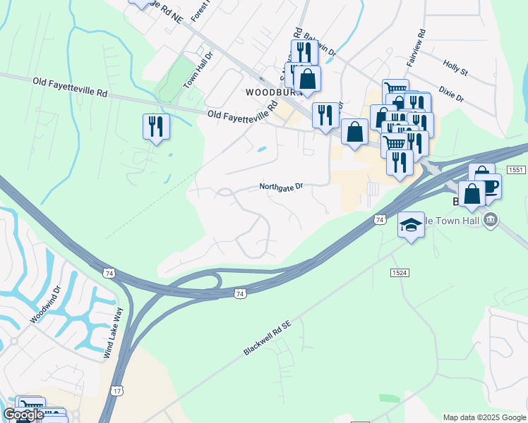 map of restaurants, bars, coffee shops, grocery stores, and more near 2053 Willows Creek Lane in Leland