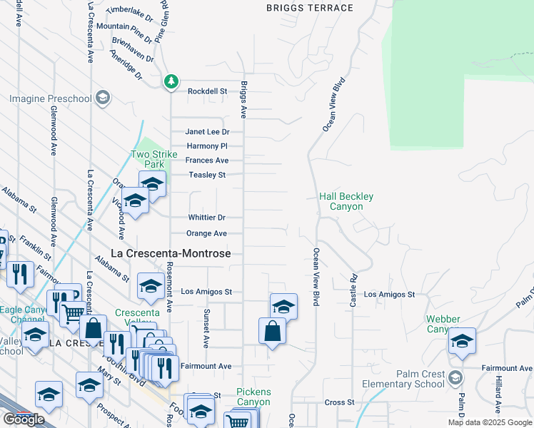 map of restaurants, bars, coffee shops, grocery stores, and more near 2340 Caracas Street in La Crescenta-Montrose