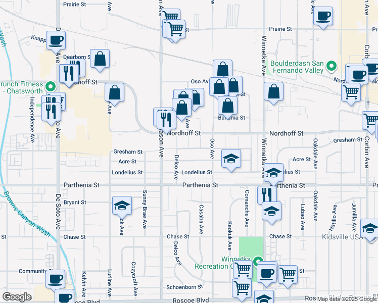 map of restaurants, bars, coffee shops, grocery stores, and more near 20356 Gresham Street in Los Angeles