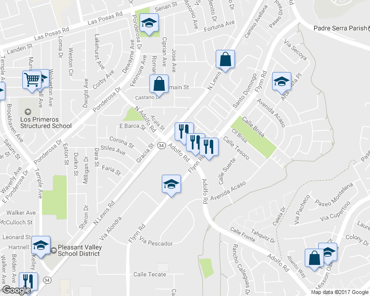 map of restaurants, bars, coffee shops, grocery stores, and more near 4035 Adolfo Road in Camarillo