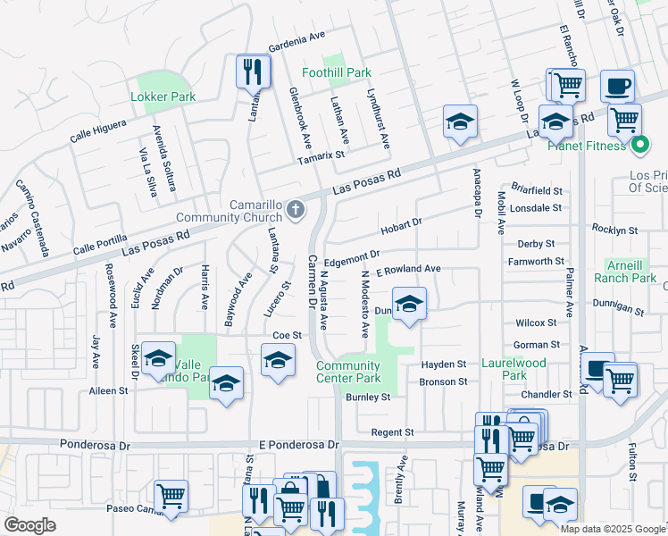 map of restaurants, bars, coffee shops, grocery stores, and more near 1566 Edgemont Drive in Camarillo