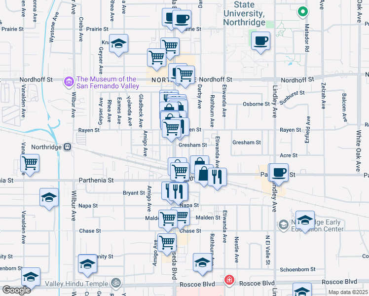 map of restaurants, bars, coffee shops, grocery stores, and more near 8757 Canby Avenue in Los Angeles
