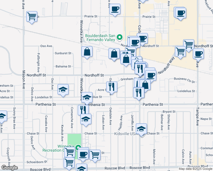 map of restaurants, bars, coffee shops, grocery stores, and more near 19914 Gresham Street in Los Angeles