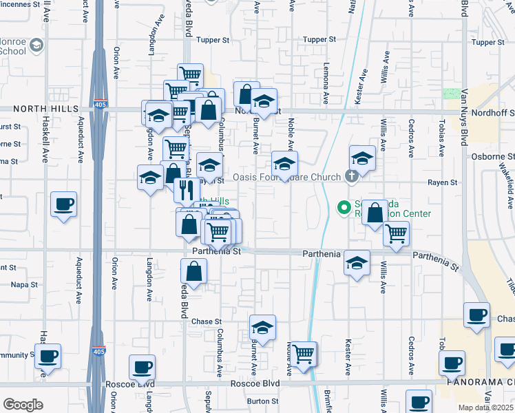 map of restaurants, bars, coffee shops, grocery stores, and more near 8780 Burnet Avenue in Los Angeles