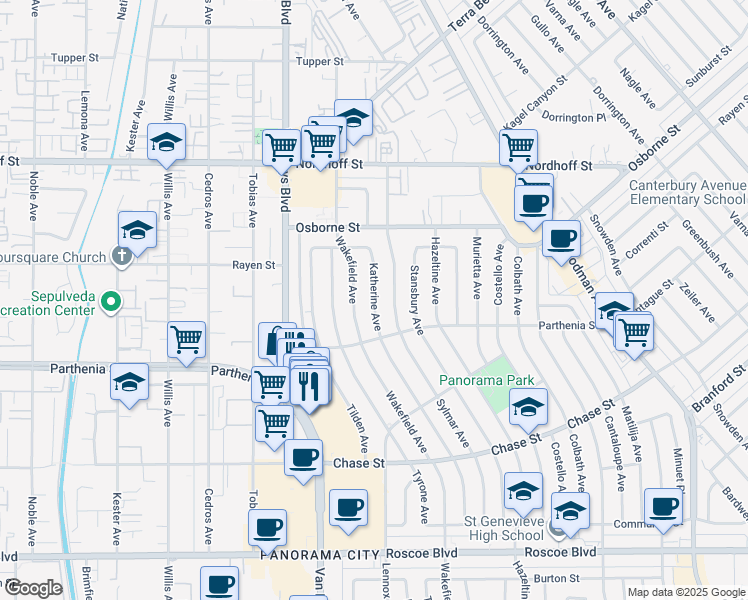 map of restaurants, bars, coffee shops, grocery stores, and more near 8866 Katherine Avenue in Los Angeles