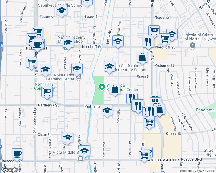 map of restaurants, bars, coffee shops, grocery stores, and more near 8800 Kester Avenue in Los Angeles