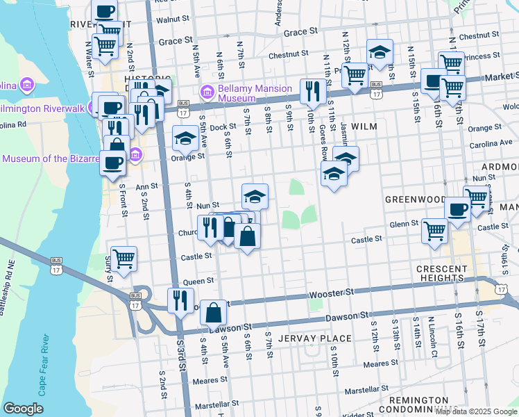 map of restaurants, bars, coffee shops, grocery stores, and more near 409 South 7th Street in Wilmington