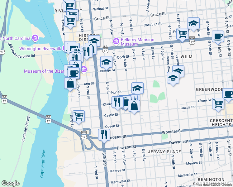 map of restaurants, bars, coffee shops, grocery stores, and more near 402 South 5th Avenue in Wilmington