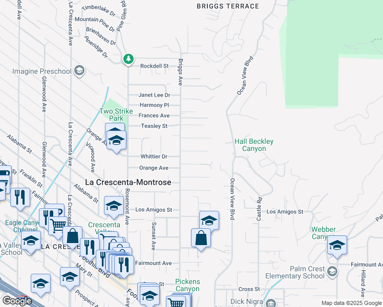 map of restaurants, bars, coffee shops, grocery stores, and more near 2352 Caracas Street in La Crescenta-Montrose