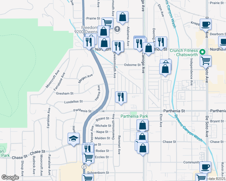 map of restaurants, bars, coffee shops, grocery stores, and more near 8801 Owensmouth Avenue in Los Angeles