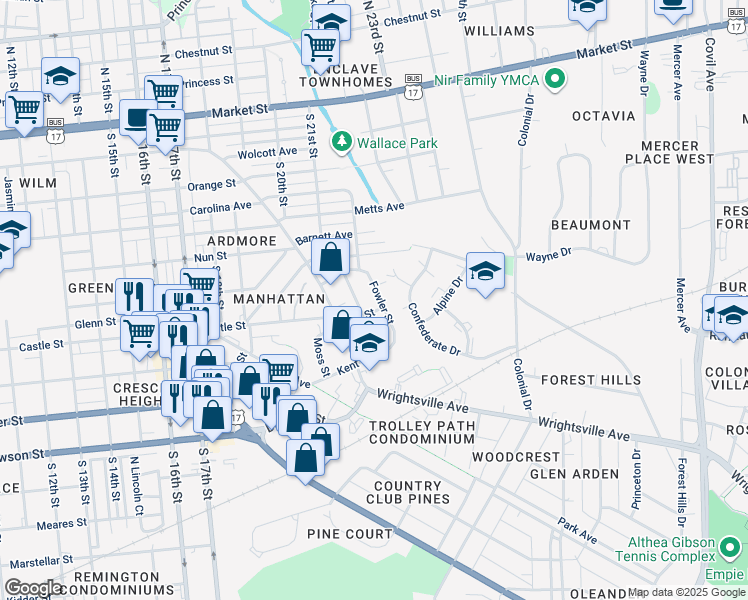 map of restaurants, bars, coffee shops, grocery stores, and more near 2130 Fowler Street in Wilmington