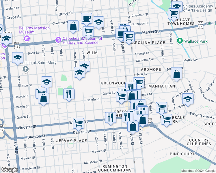 map of restaurants, bars, coffee shops, grocery stores, and more near 1319 Church Street in Wilmington
