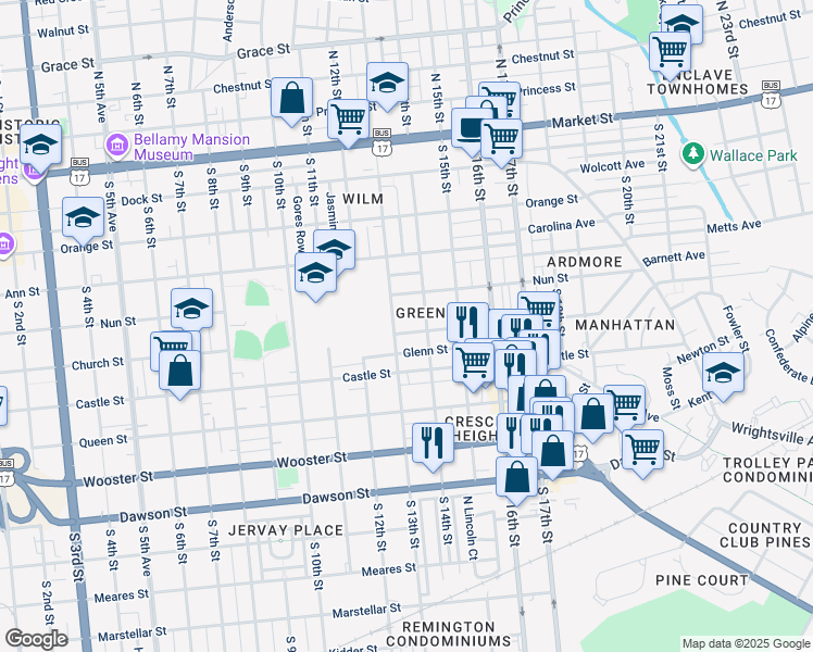 map of restaurants, bars, coffee shops, grocery stores, and more near 1317 Glenn Street in Wilmington