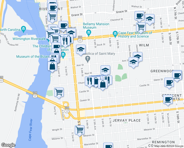 map of restaurants, bars, coffee shops, grocery stores, and more near 416 South 5th Avenue in Wilmington