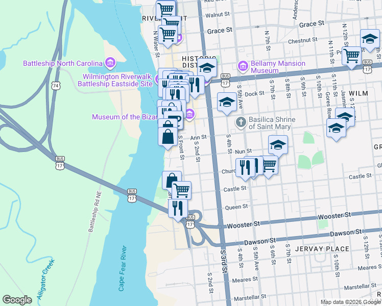 map of restaurants, bars, coffee shops, grocery stores, and more near 110 Nun Street in Wilmington