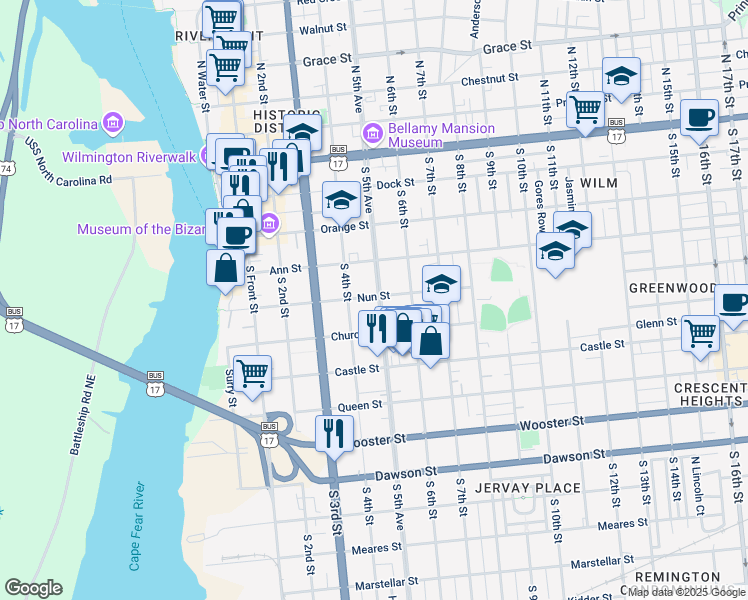 map of restaurants, bars, coffee shops, grocery stores, and more near 402 South 5th Avenue in Wilmington