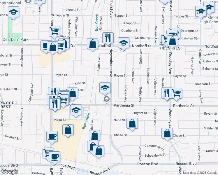map of restaurants, bars, coffee shops, grocery stores, and more near 8811 Hayvenhurst Avenue in Los Angeles