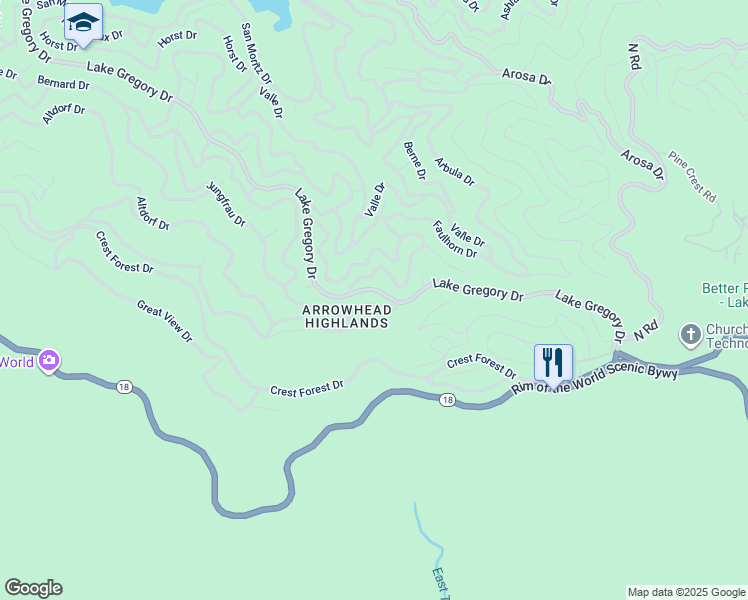 map of restaurants, bars, coffee shops, grocery stores, and more near 24798 Bernard Drive in Crestline