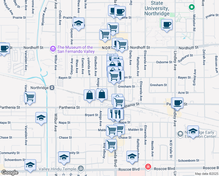 map of restaurants, bars, coffee shops, grocery stores, and more near 8749 Baird Avenue in Los Angeles