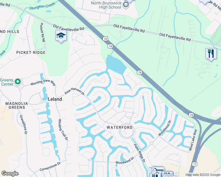 map of restaurants, bars, coffee shops, grocery stores, and more near 1129 Water Lily Way in Leland