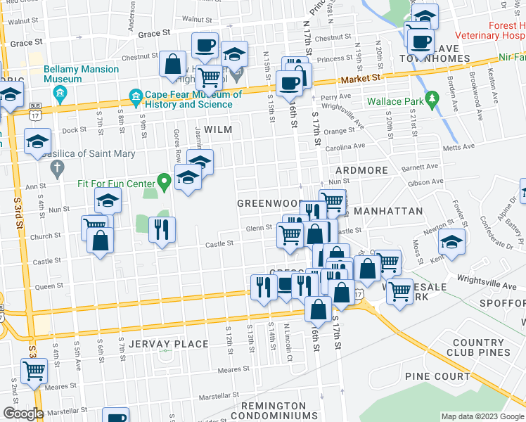 map of restaurants, bars, coffee shops, grocery stores, and more near 1401 Church Street in Wilmington