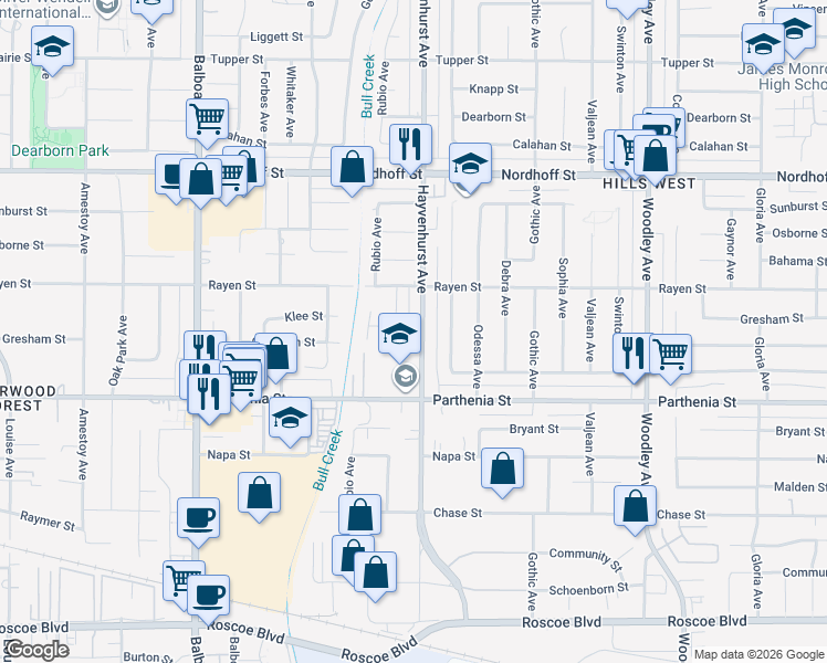 map of restaurants, bars, coffee shops, grocery stores, and more near 8811 Hayvenhurst Avenue in Los Angeles